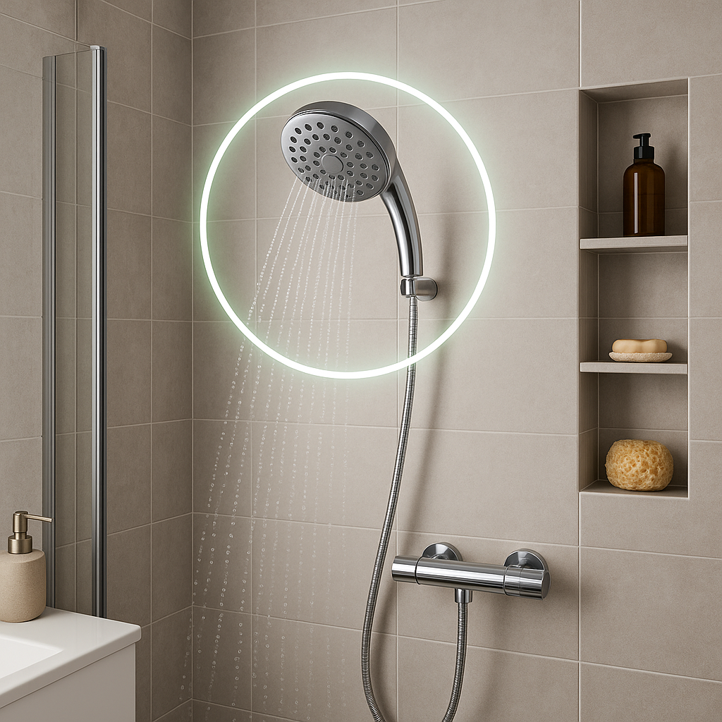 Badezimmer-Szene-mit-moderner-Dusche-und-hervorgehobenem-Spar-Duschkopf