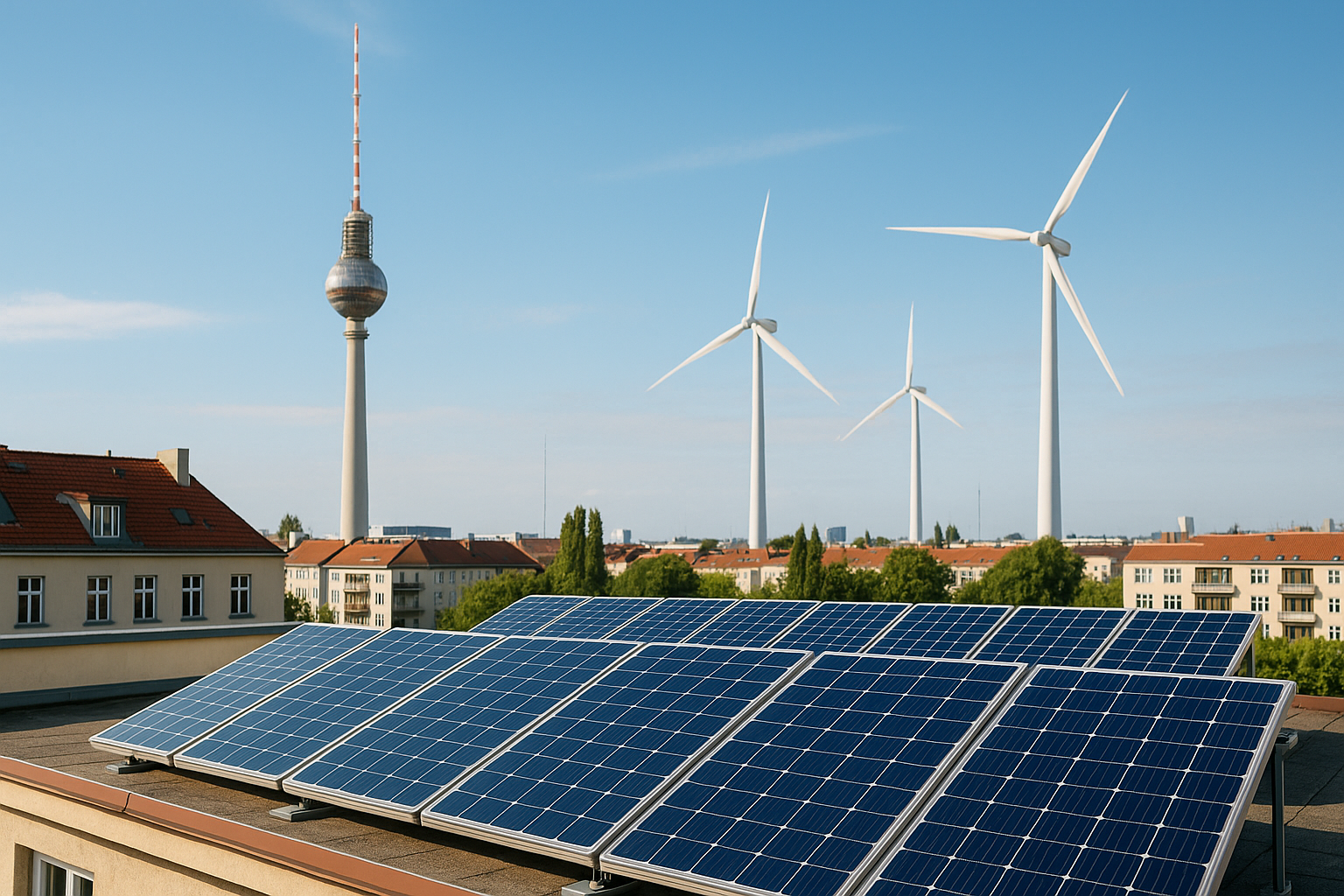 Darstellung: Grüner Strom in Berlin → Solarzellen auf einem Berliner Dach, Windräder im Hintergrund, Fernsehturm Berlin als Erkennungsmerkmal.