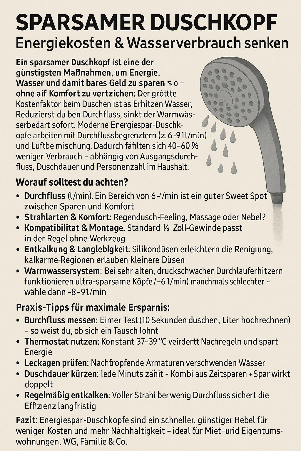 Vergleich „Normaler Duschkopf vs. Energiespar-Duschkopf“ mit Wasserfluss. Sparsamer Duschkopf Energiekosten & Wasser sparen