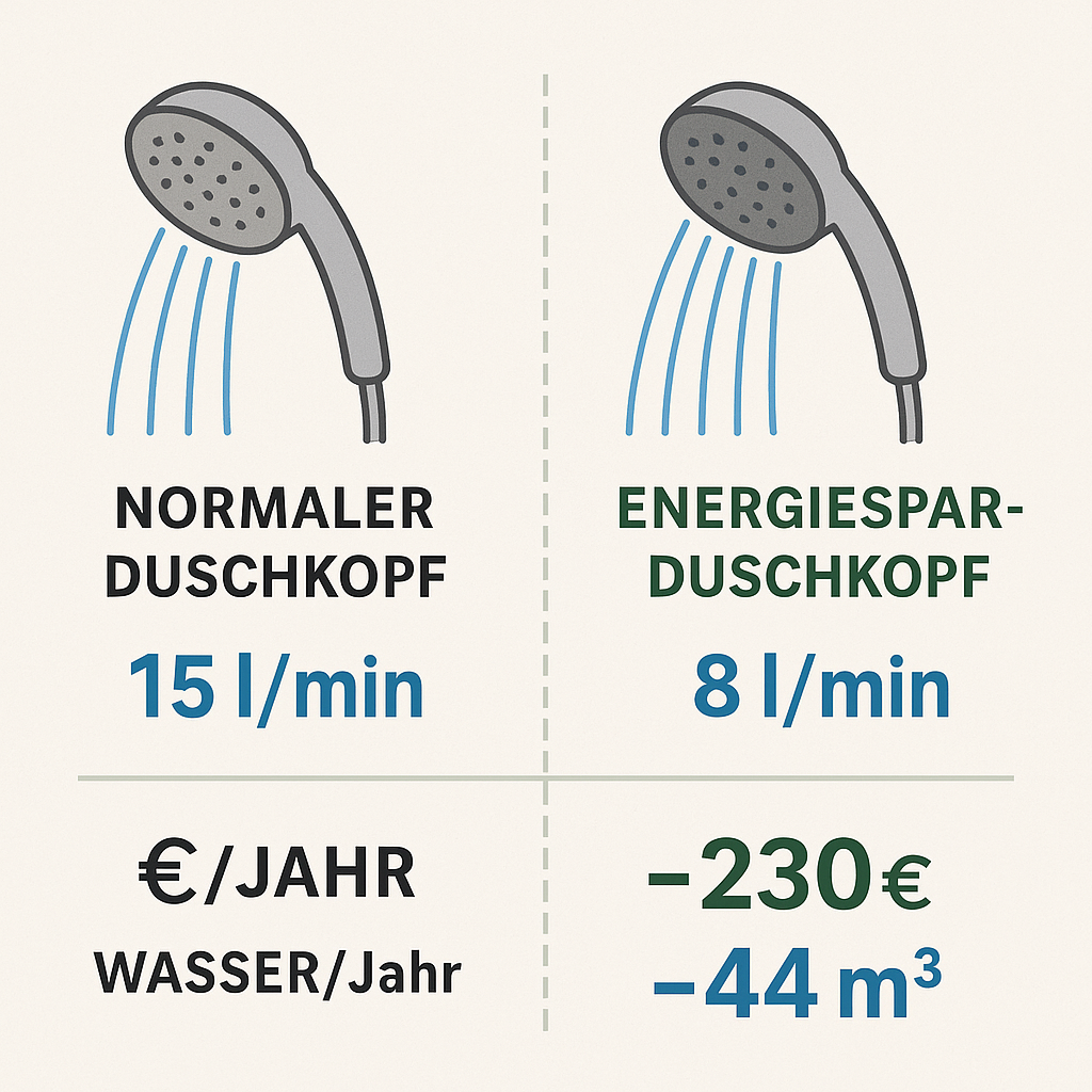 Vergleichsdiagramm „Normaler Duschkopf vs. Energiespar-Duschkopf“ mit Wasserfluss