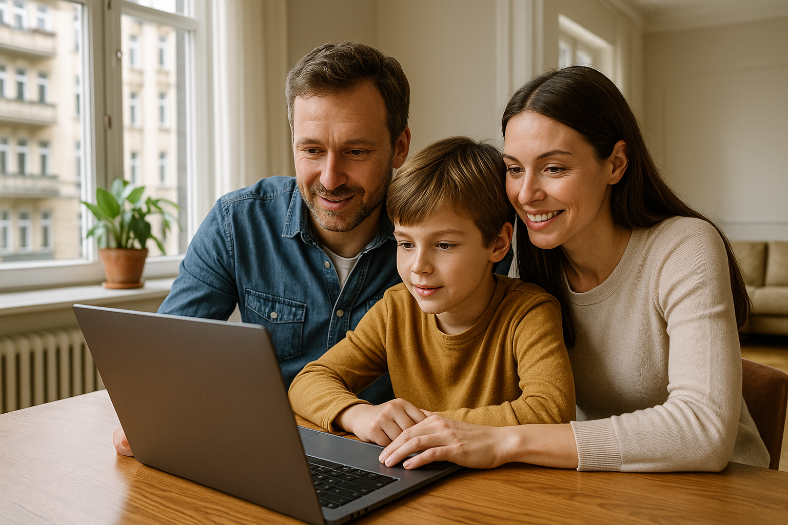 Darstellung- Eine Berliner Familie sitzt am Küchentisch, Laptop offen, sie vergleichen Stromtarife online. Im Hintergrund sieht man eine typische Berliner Altbauwohnun