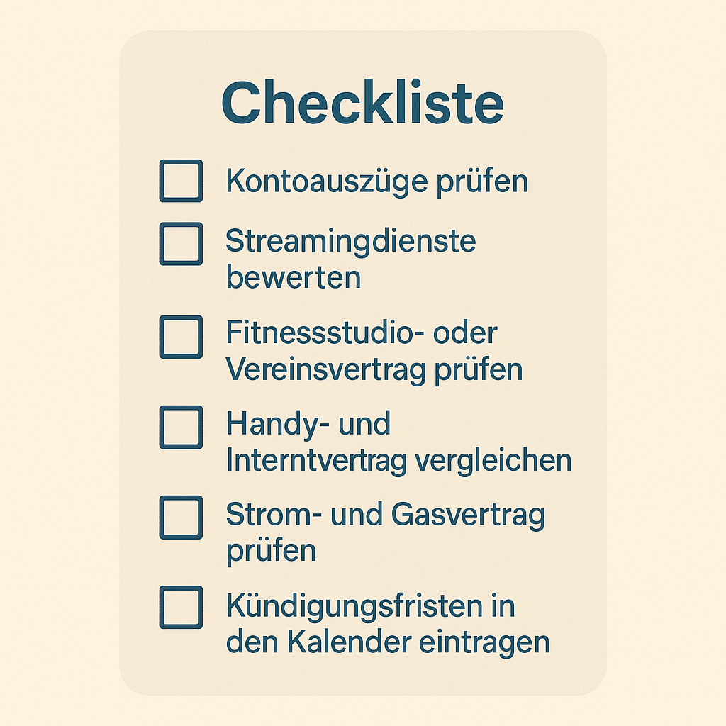 Checkliste Kontoauszüge prüfen Streamingdienste bewerten Fitnessstudio oder Vereinsvertrag prüfen Handy und Internetvertrag vergleichen Strom- und Gasvertrag prüfen