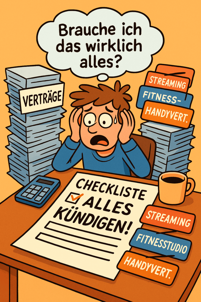 Humorvolle Cartoon-Illustration zum Thema Verträge kündigen Abos optimieren Kosten sparen