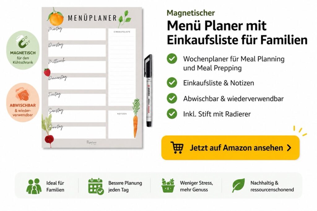 Groß Magnetischer Menü Planer mit Einkaufsliste für Familien, DIN A4 abwischbarer wiederverwendbarer Wochenplaner für Meal Planning und Meal Prepping, Speiseplan für Kühlschrank (Magnetisch inkl. Stift)