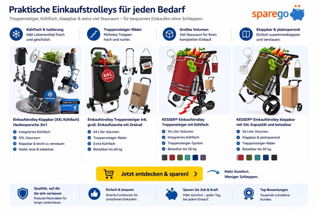Sparego Vergleichsgrafik für praktische Einkaufstrolleys mit Kühlfach und Treppensteiger-Funktion. Die Grafik zeigt vier unterschiedliche Einkaufsroller und Einkaufstaschen mit großem Stauraum, klappbarem Design und robusten Rädern für komfortables Einkaufen ohne schweres Tragen. Präsentiert werden unter anderem XXL Einkaufstrolleys mit Kühlfach, 64-Liter Einkaufstaschen sowie Treppensteiger-Trolleys mit Dreirad-System. Hervorgehoben werden Eigenschaften wie Kühlfunktion, großes Volumen, klappbare Bauweise und leichtes Ziehen auf Treppen. Im unteren Bereich befindet sich ein gelber Call-to-Action-Button mit der Aufschrift ‚Jetzt entdecken & sparen!