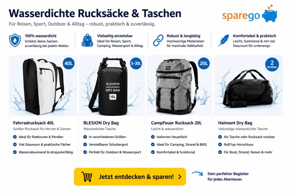 „Sparego Vergleichsgrafik für wasserdichte Rucksäcke und Dry Bags. Die Grafik zeigt vier verschiedene wasserdichte Taschen und Outdoor-Rucksäcke für Reisen, Camping, Wassersport und Alltag, darunter einen 40L Fahrradrucksack, einen Dry Bag, einen Kühlrucksack und eine wasserdichte Reisetasche. Hervorgehoben werden Eigenschaften wie wasserdichtes Material, hoher Stauraum, robuste Verarbeitung und vielseitige Einsatzmöglichkeiten. Unten befindet sich ein gelber Call-to-Action-Button mit der Aufschrift ‚Jetzt entdecken & sparen!‘.“